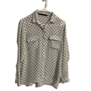 Zara Basic Womens Small White Black Polka Dot Button Down Blouse Long Sleeve S